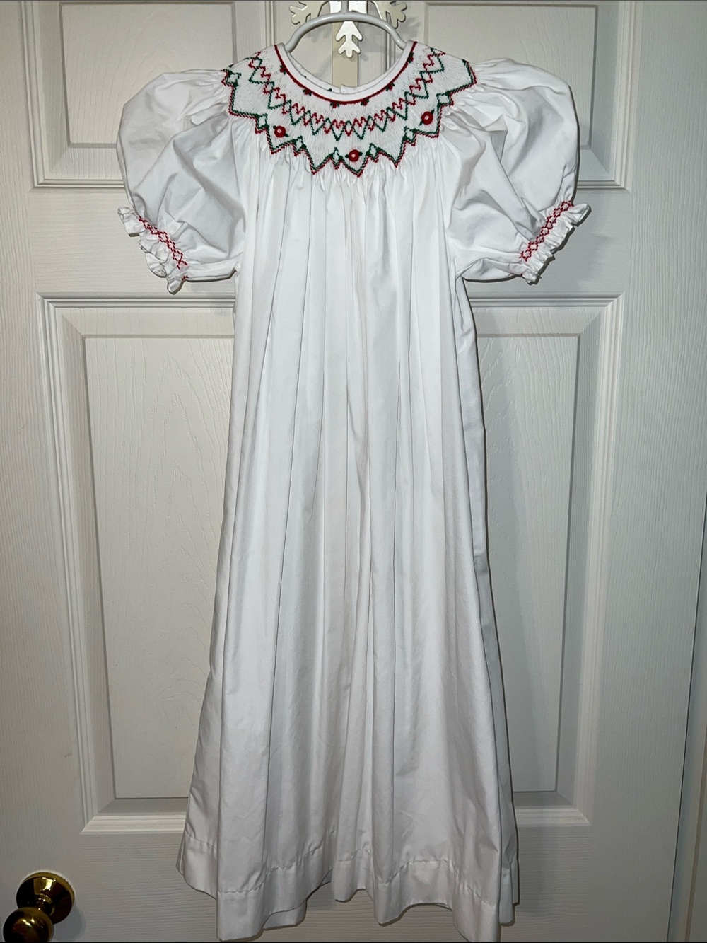White Smocked Girls' Puff-Sleeve Dress with Red & Green Embroidery